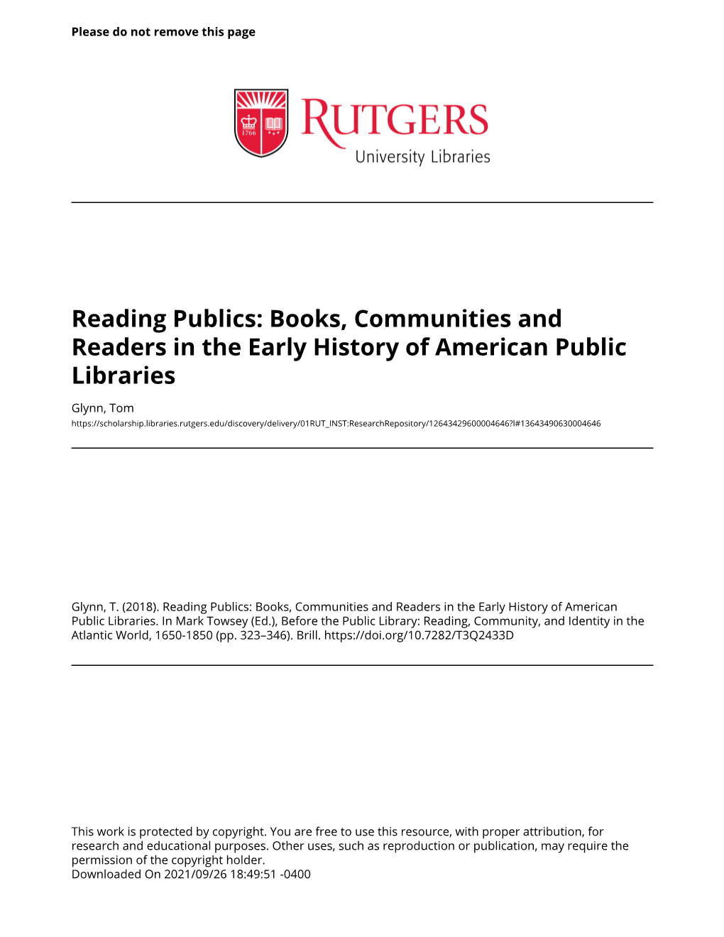 Reading Publics: Books, Communities and Readers in the Early History of American Public Libraries