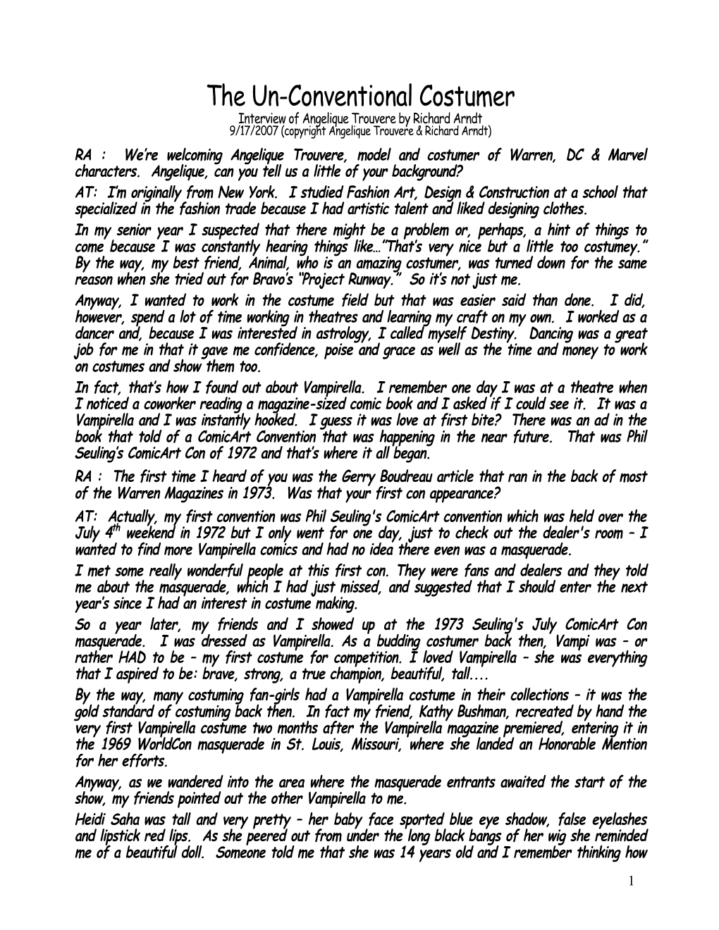 The Un-Conventional Costumer Interview of Angelique Trouvere by Richard Arndt 9/17/2007 (Copyright Angelique Trouvere & Richard Arndt)