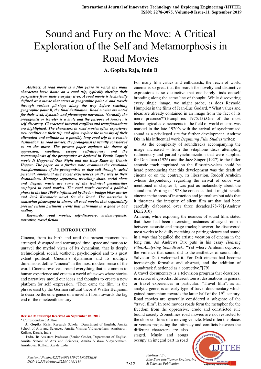 Sound and Fury on the Move: a Critical Exploration of the Self and Metamorphosis in Road Movies A