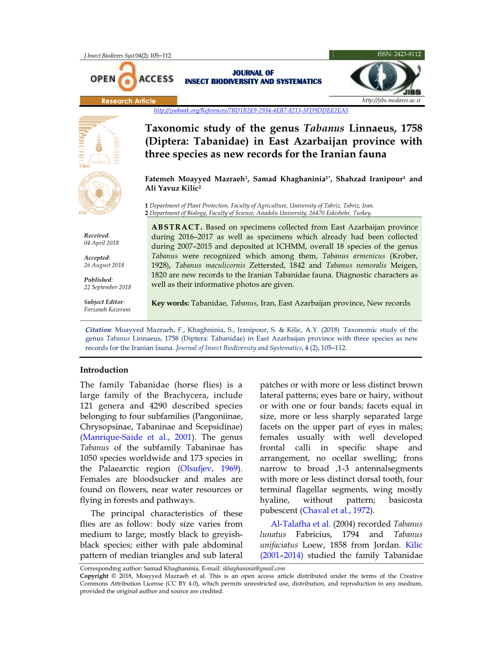 Taxonomic Study of the Genus Tabanus Linnaeus, 1758 (Diptera: Tabanidae) in East Azarbaijan Province with Three Species As New Records for the Iranian Fauna