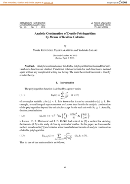 Analytic Continuation of Double Polylogarithm by Means of Residue Calculus