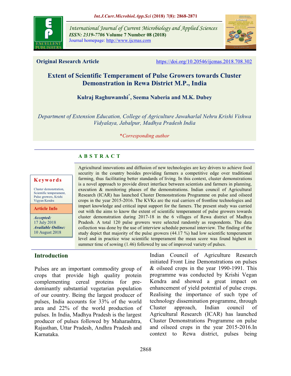 Extent of Scientific Temperament of Pulse Growers Towards Cluster Demonstration in Rewa District M.P., India