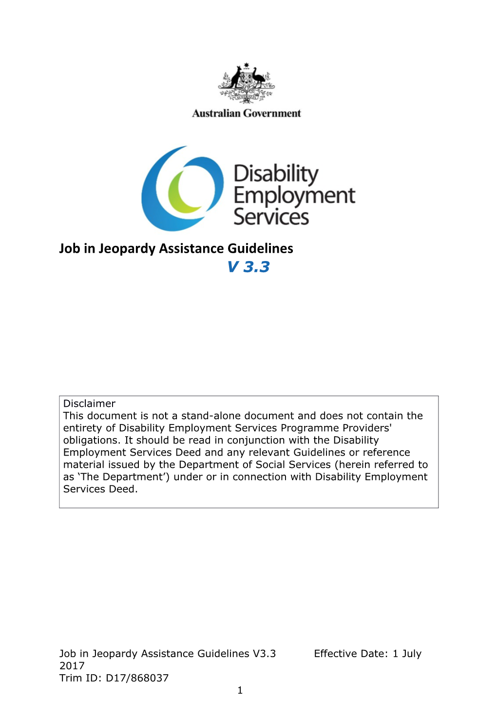 Job in Jeopardy Assistance Guidelines V3.3