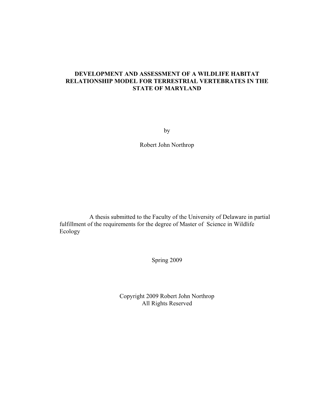 Development and Assessment of a Wildlife Habitat Relationship Model for Terrestrial Vertebrates in the State of Maryland