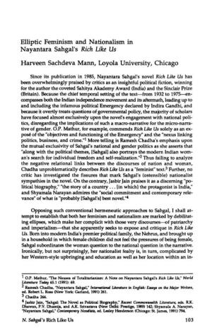 Elliptic Feminism and Nationalism in Nayantara Sahgal's Rich Like Us Harveen Sachdeva Mann, Loyola University, Chicago