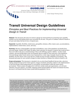 Transit Universal Design Guidelines Principles and Best Practices for Implementing Universal Design in Transit