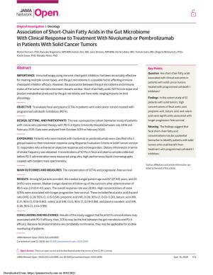 Association of Short-Chain Fatty Acids in the Gut Microbiome with Clinical Response to Treatment with Nivolumab Or Pembrolizumab in Patients with Solid Cancer Tumors