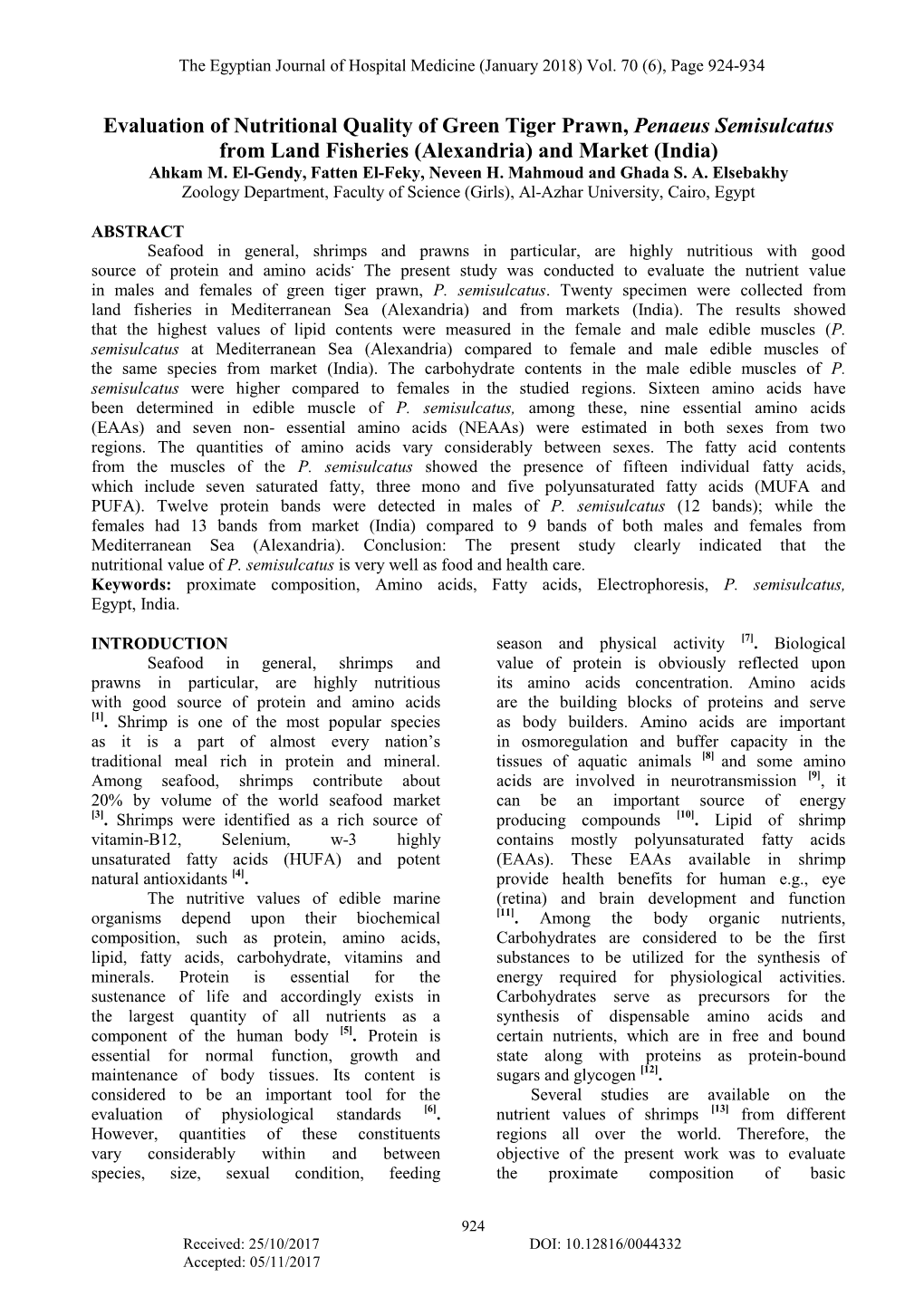 Evaluation of Nutritional Quality of Green Tiger Prawn, Penaeus Semisulcatus from Land Fisheries (Alexandria) and Market (India) Ahkam M