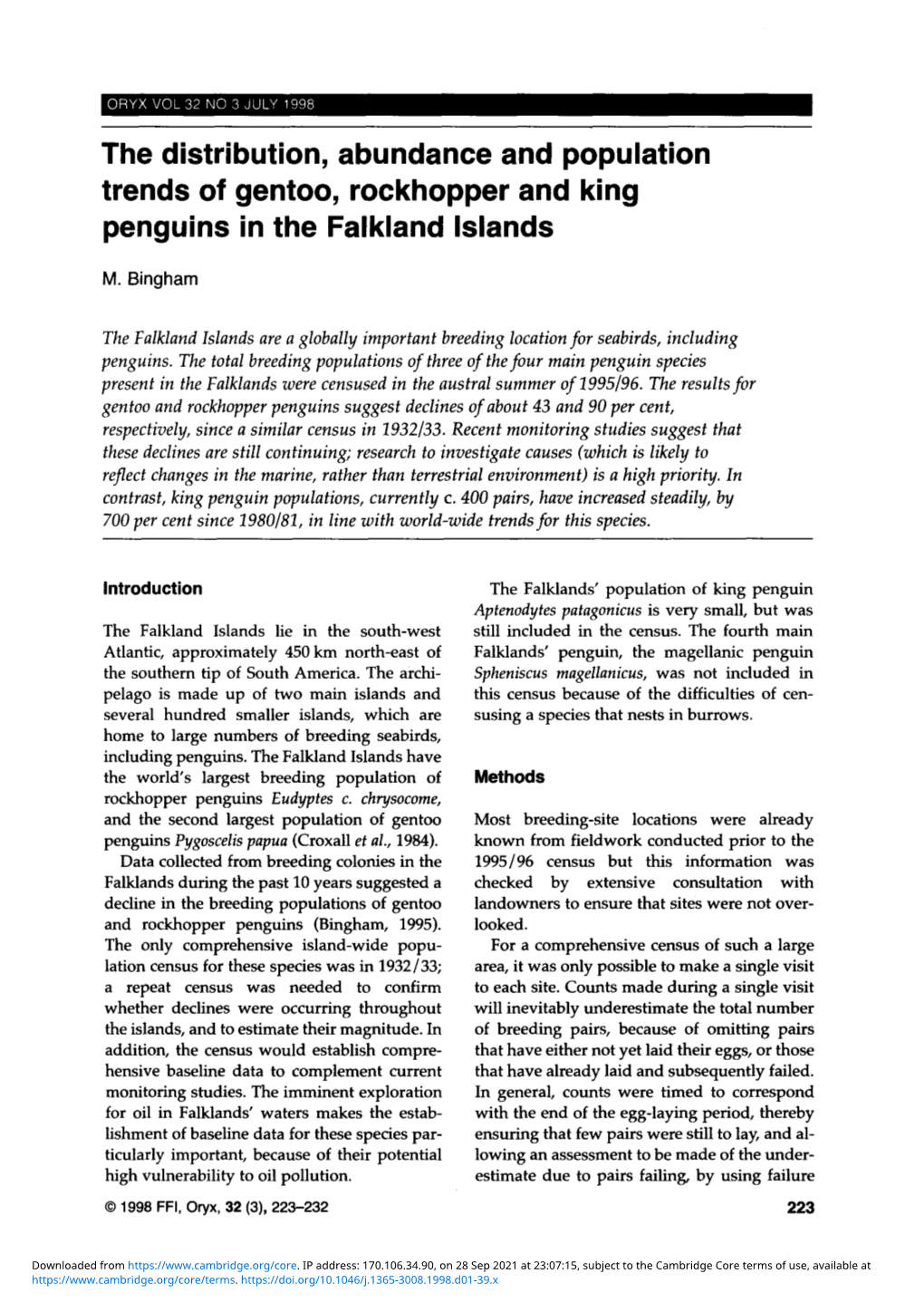 The Distribution, Abundance and Population Trends of Gentoo, Rockhopper and King Penguins in the Falkland Islands