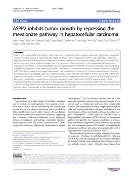 ASPP2 Inhibits Tumor Growth by Repressing the Mevalonate Pathway