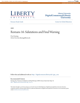 Romans 16: Salutations and Final Warning Don Fanning Liberty University, Dfanning@Liberty.Edu