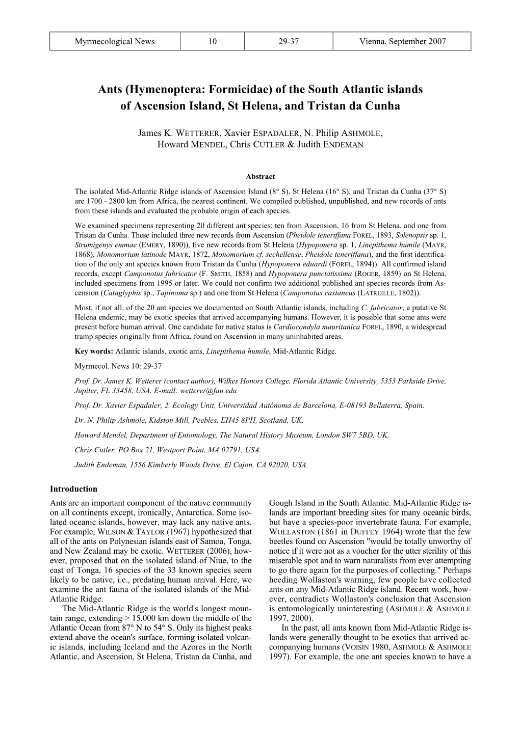 Ants (Hymenoptera: Formicidae) of the South Atlantic Islands of Ascension Island, St Helena, and Tristan Da Cunha