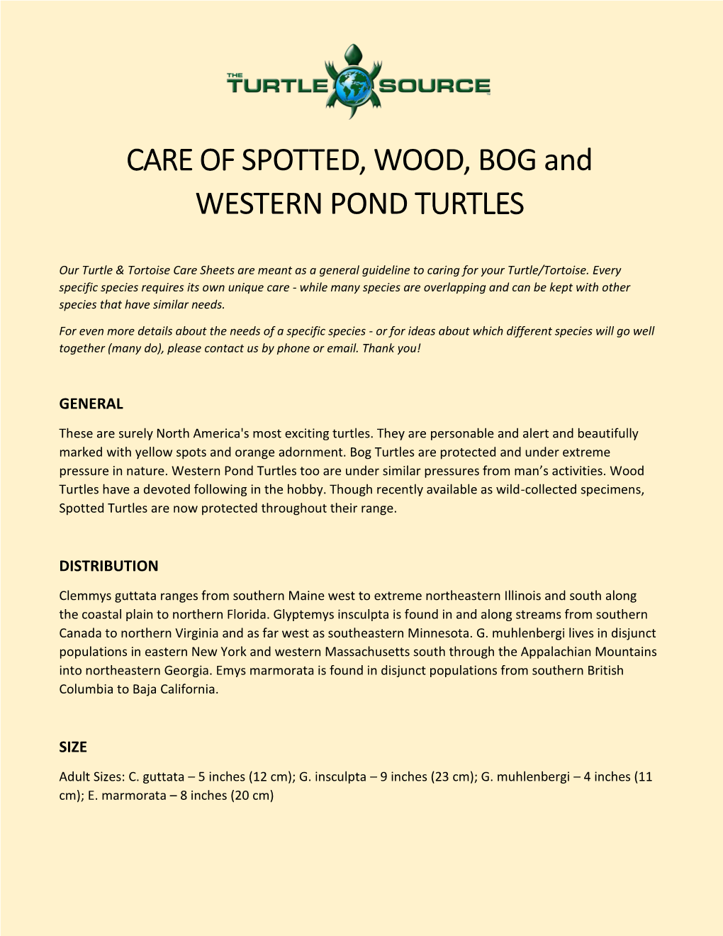 CARE of SPOTTED, WOOD, BOG and WESTERN POND TURTLES