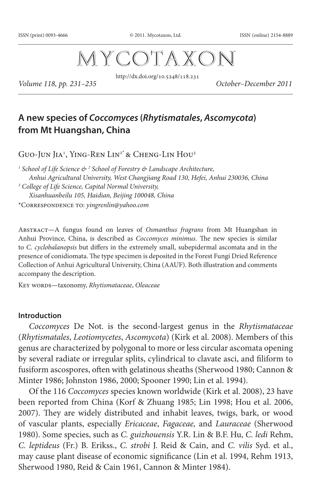 <I>Coccomyces</I> (<I>Rhytismatales</I>, <I>Ascomycota</I>)