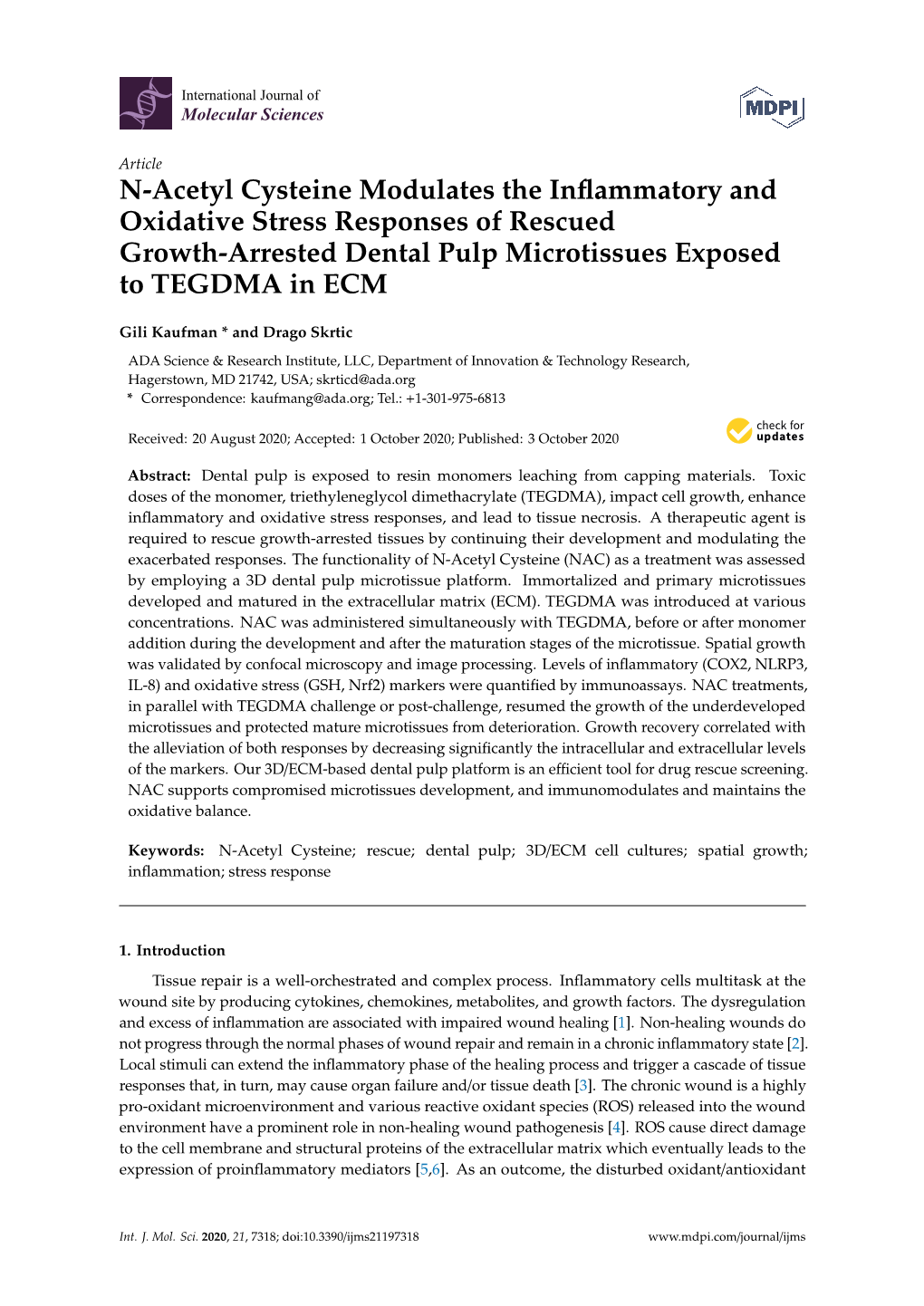 N-Acetyl Cysteine Modulates the Inflammatory and Oxidative Stress Responses of Rescued Growth-Arrested Dental Pulp Microtissues