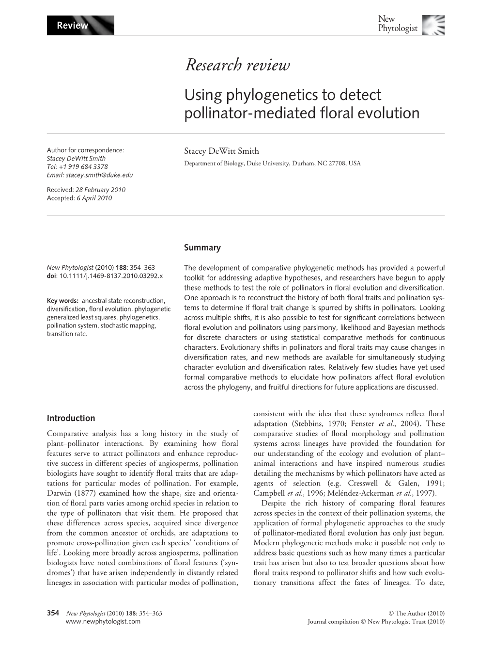 Using Phylogenetics to Detect Pollinatormediated Floral Evolution