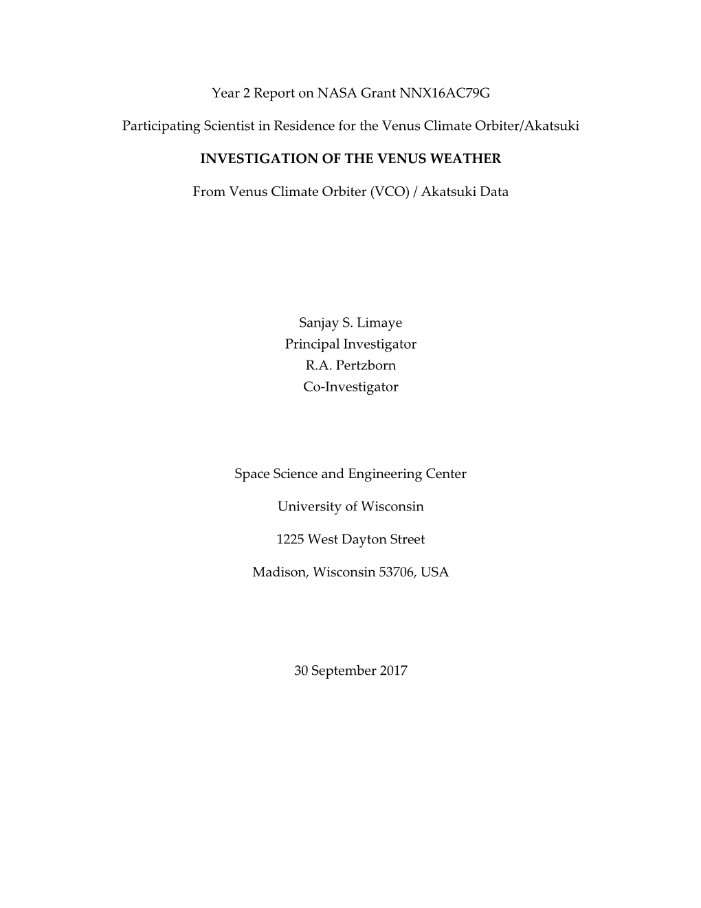 Year 2 Report on NASA Grant NNX16AC79G Participating Scientist in Residence for the Venus Climate Orbiter/Akatsuki INVESTIGATION