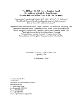 The 1452 Or 1453 A.D. Kuwae Eruption Signal Derived from Multiple Ice Core Records: Greatest Volcanic Sulfate Event of the Past 700 Years