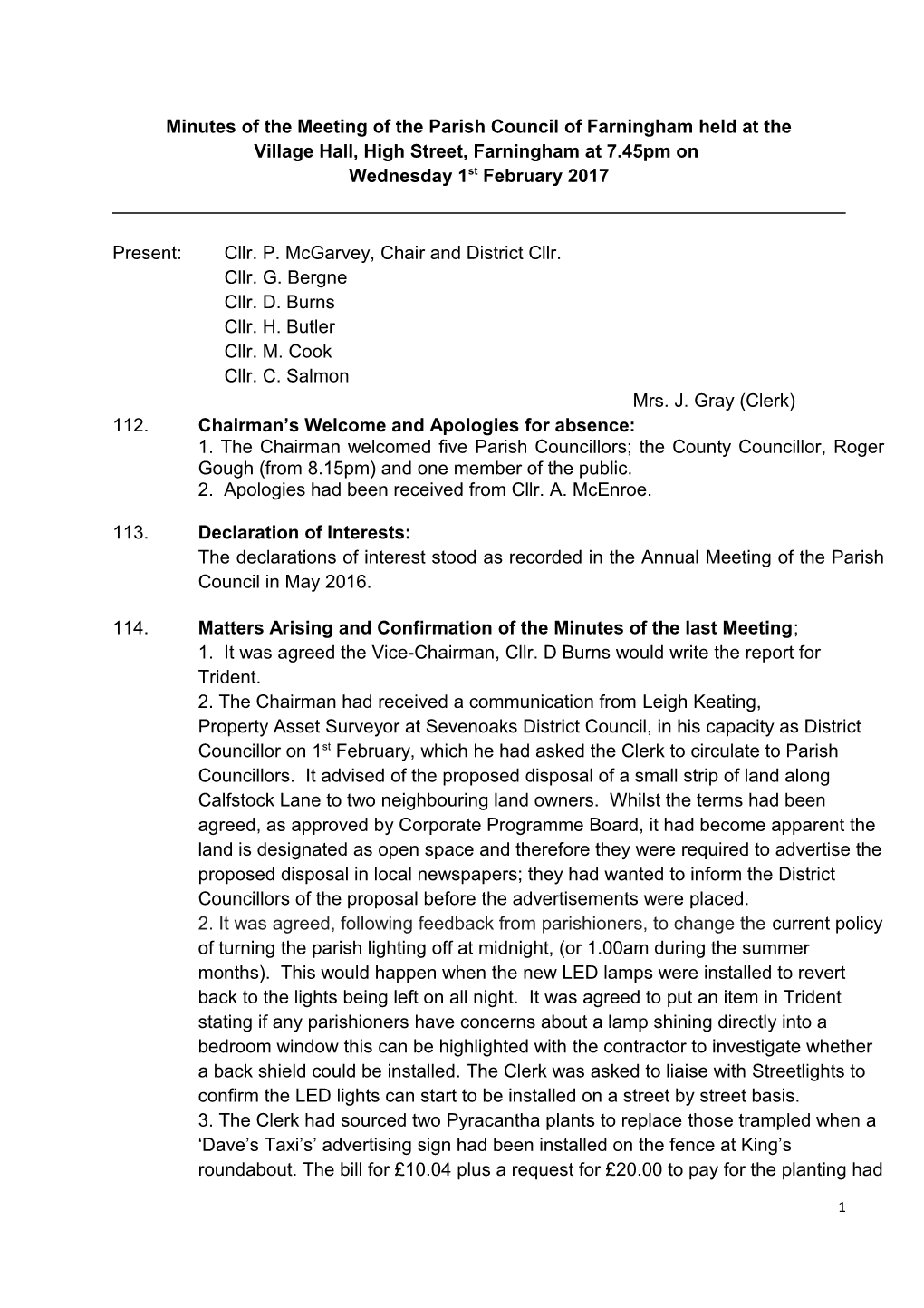 Minutes of the Meeting of the Parish Council of Farningham Held at The