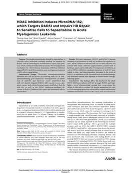 HDAC Inhibition Induces Microrna-182, Which Targets RAD51 and Impairs HR Repair to Sensitize Cells to Sapacitabine in Acute Myel