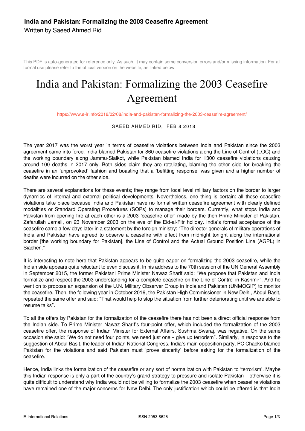 India and Pakistan: Formalizing the 2003 Ceasefire Agreement Written by Saeed Ahmed Rid