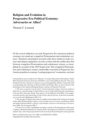 Religion and Evolution in Progressive Era Political Economy: Adversaries Or Allies? Thomas C