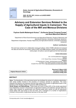 Advisory and Extension Services Related to the Supply of Agricultural Inputs in Cameroon: the Case of the Mifi and Menoua Divisions