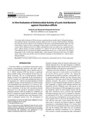 In Vitro Evaluation of Antimicrobial Activity of Lactic Acid Bacteria Against Clostridium Difficile