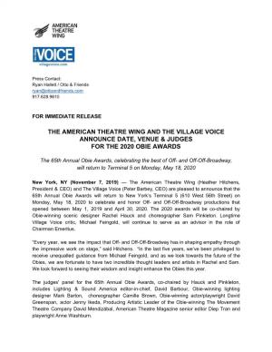 The American Theatre Wing and the Village Voice Announce Date, Venue & Judges for the 2020 Obie Awards