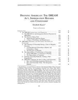THE DREAM ACT, IMMIGRATION REFORM and CITIZENSHIP Elizabeth Keyes*
