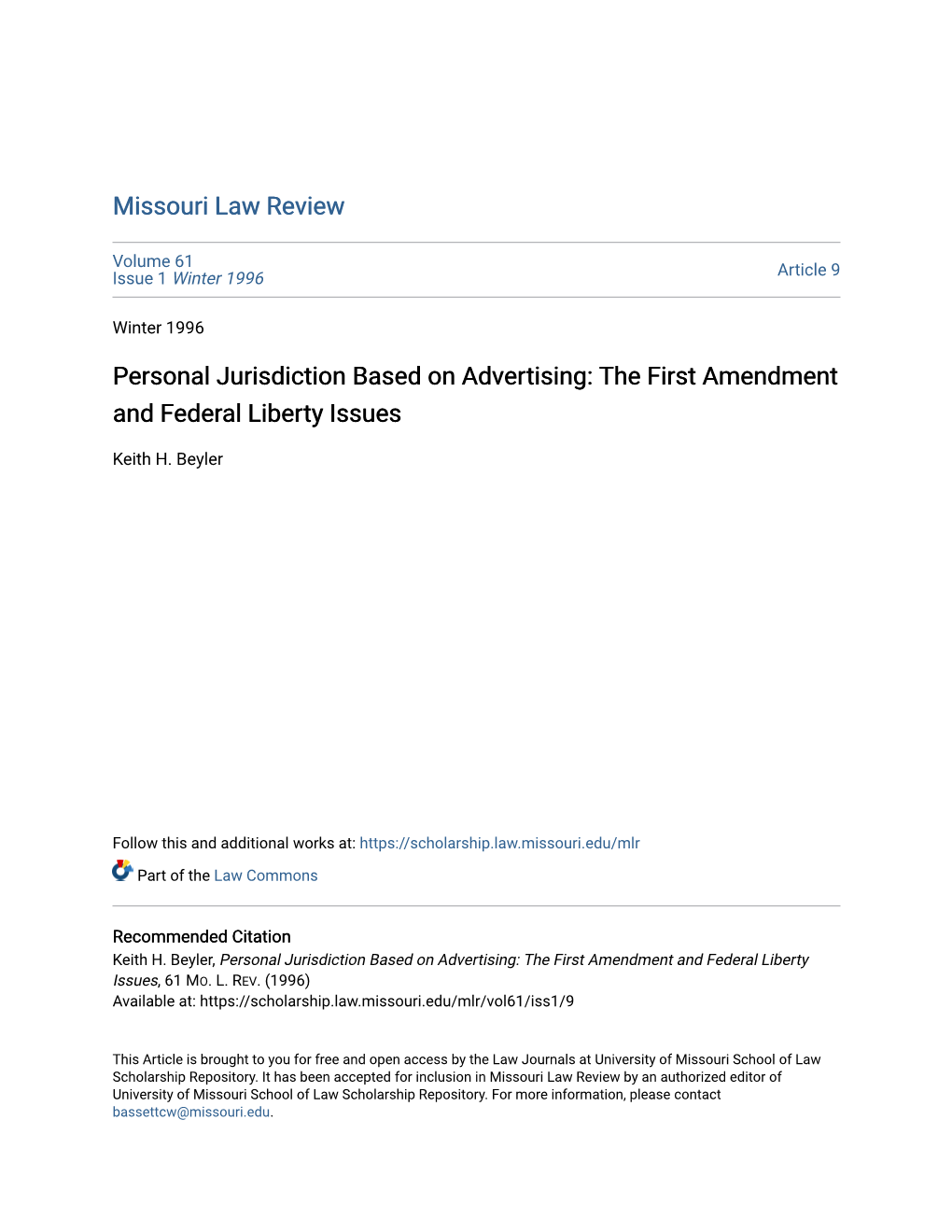 Personal Jurisdiction Based on Advertising: the First Amendment and Federal Liberty Issues