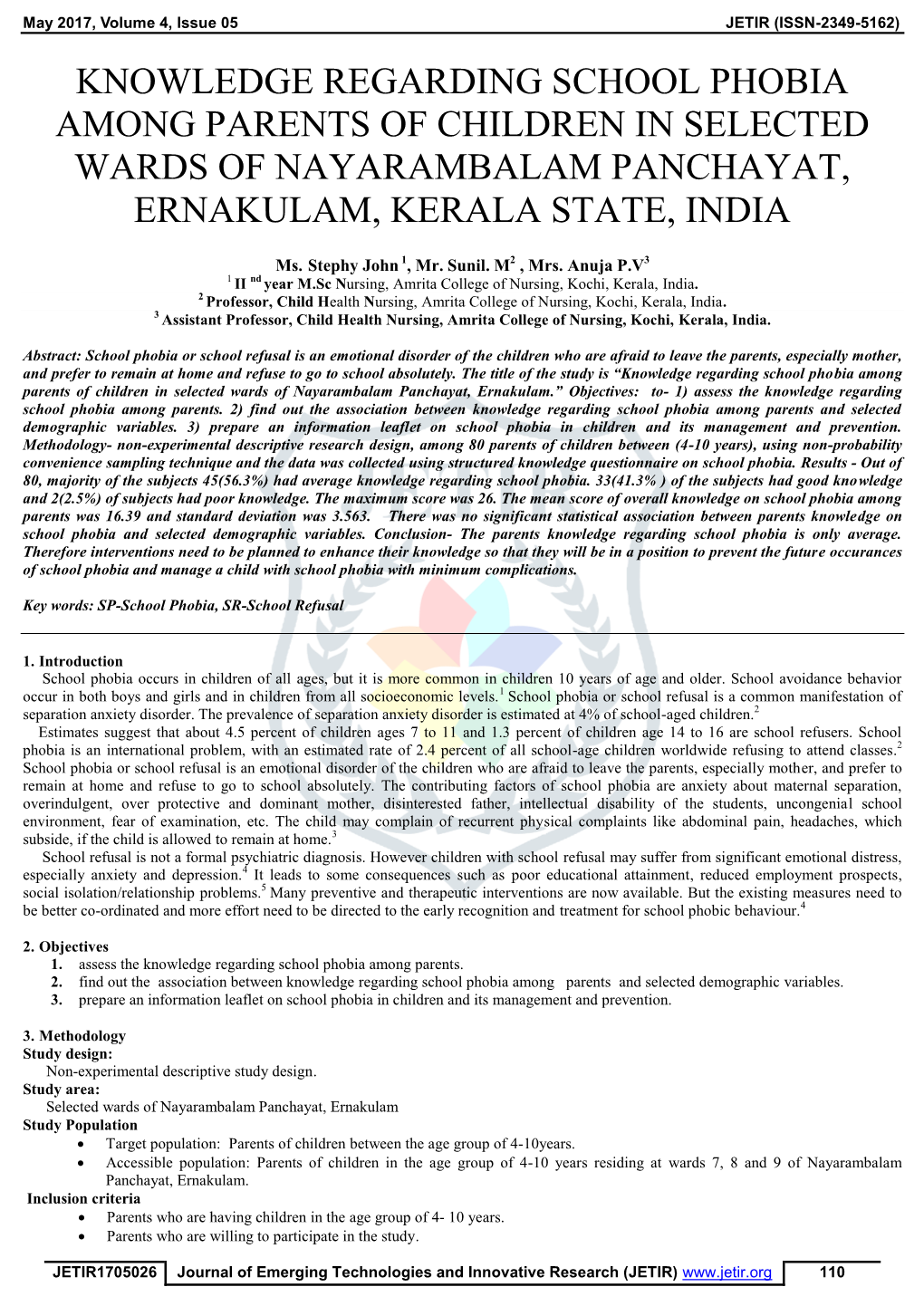 Knowledge Regarding School Phobia Among Parents of Children in Selected Wards of Nayarambalam Panchayat, Ernakulam, Kerala State, India