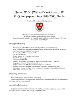 Quine, W. V. Willard Van Orman). W. V. Quine Papers, Circa