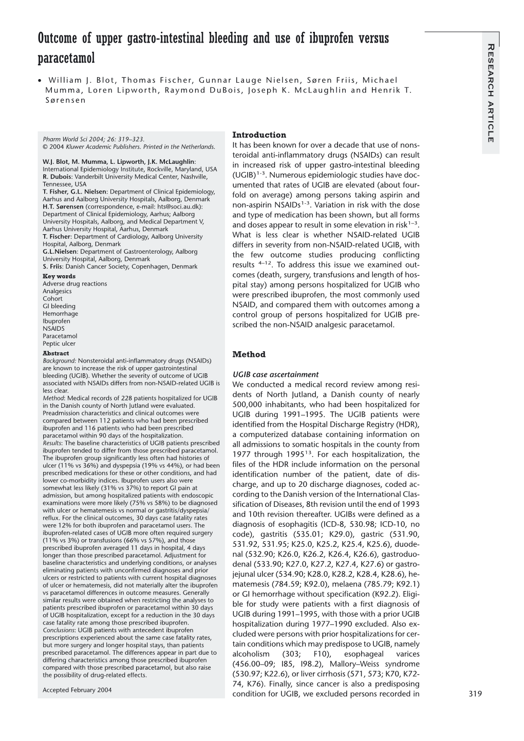 Outcome of Upper Gastro-Intestinal Bleeding and Use of Ibuprofen Versus Article Research Paracetamol