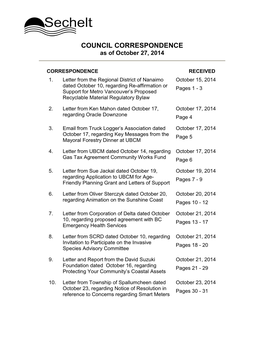 COUNCIL CORRESPONDENCE As of October 27, 2014