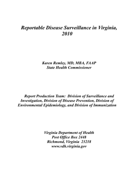 Reportable Disease Surveillance in Virginia, 2010