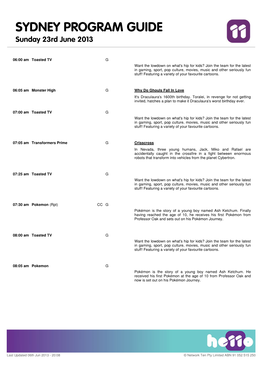 SYDNEY PROGRAM GUIDE Sunday 23Rd June 2013