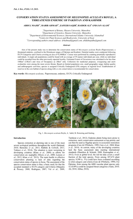 Conservation Status Assessment of Meconopsis Aculeata Royle; a Threatened Endemic of Pakistan and Kashmir