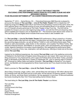 Sting the Last Ship DVD Press Release
