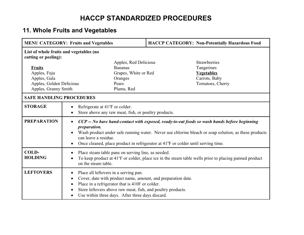 Storage Temperatures for Select Fruits and Vegetables