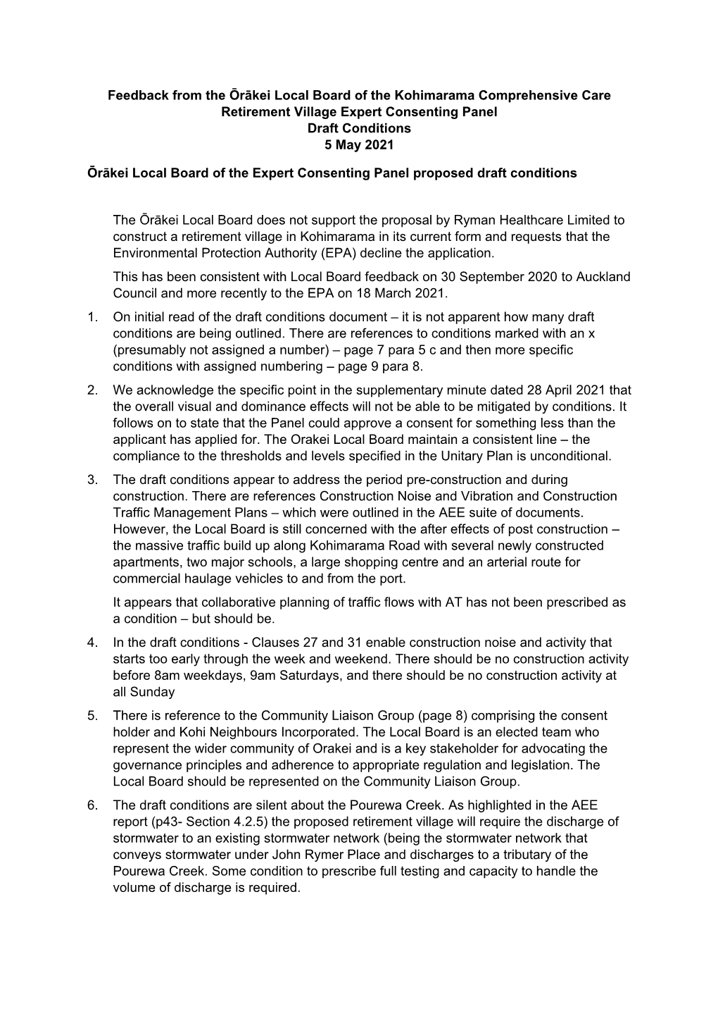 Feedback from the Ōrākei Local Board of the Kohimarama Comprehensive Care Retirement Village Expert Consenting Panel Draft Conditions 5 May 2021