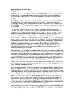 WPP Press Release Public Strategies Inc Joins WPP Aug06