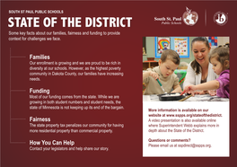 STATE of the DISTRICT Some Key Facts About Our Families, Fairness and Funding to Provide Context for Challenges We Face