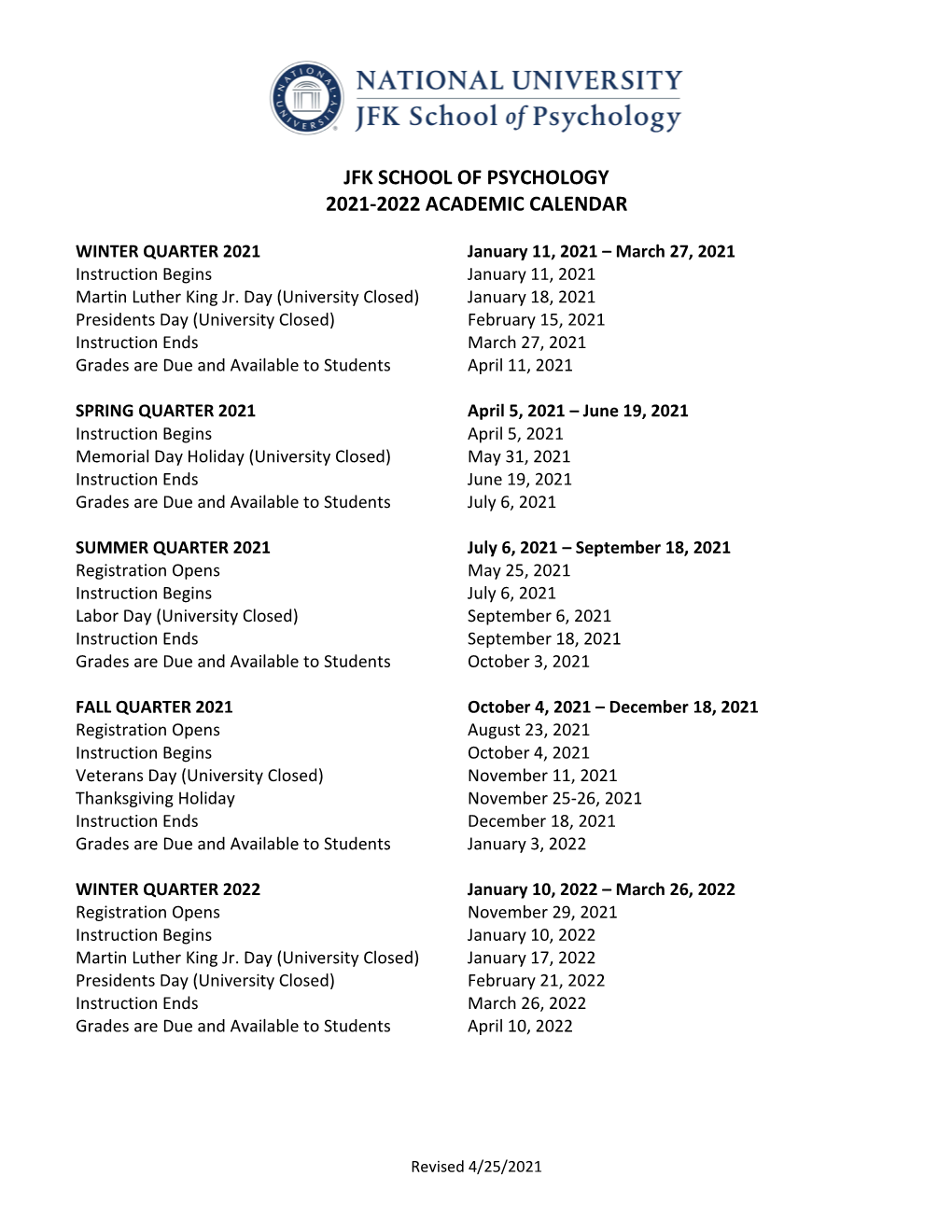 Jfk School of Psychology 2021-2022 Academic Calendar