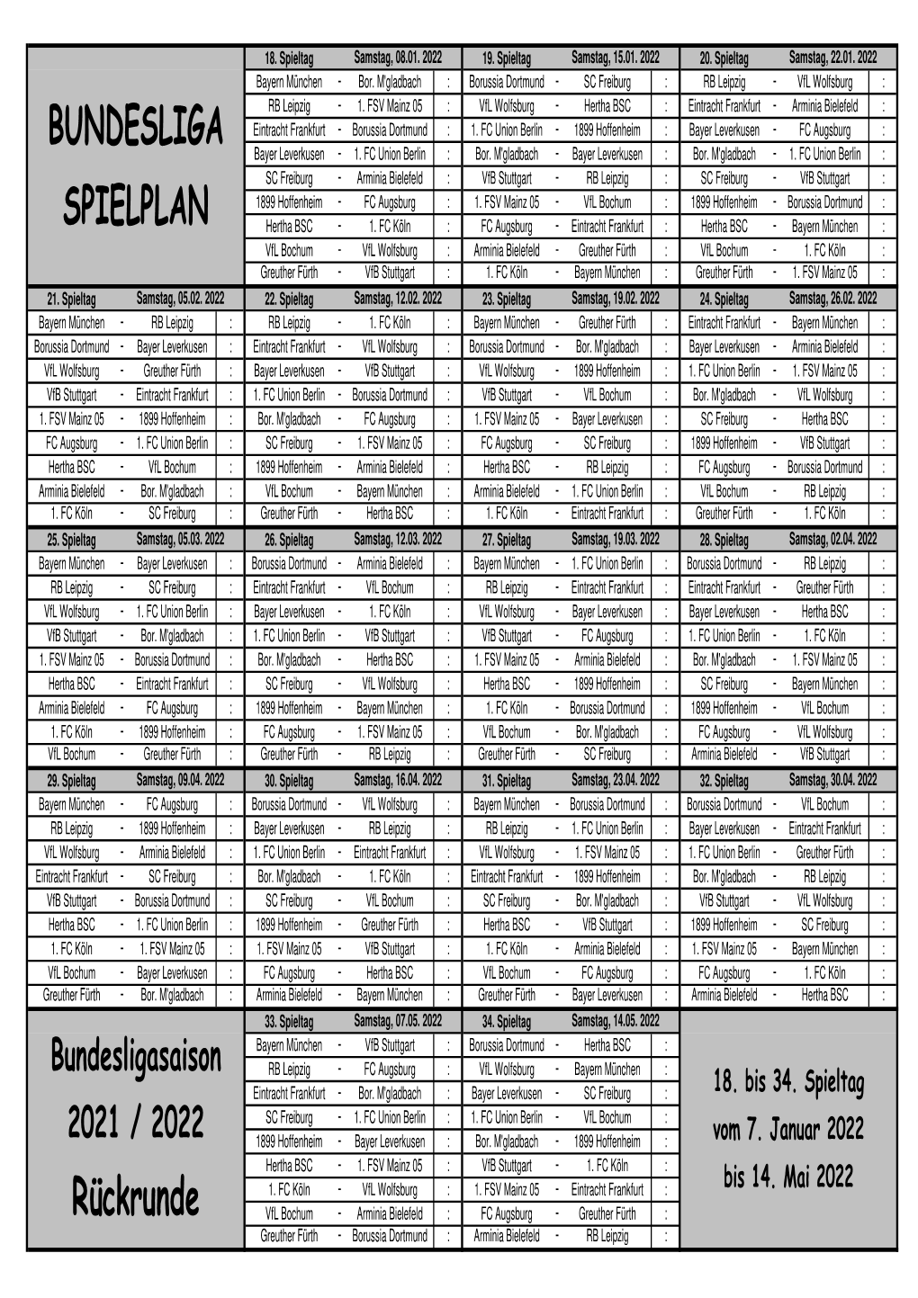 BUNDESLIGA SPIELPLAN Rückrunde