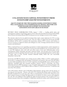 UTA Announces Capital Investors