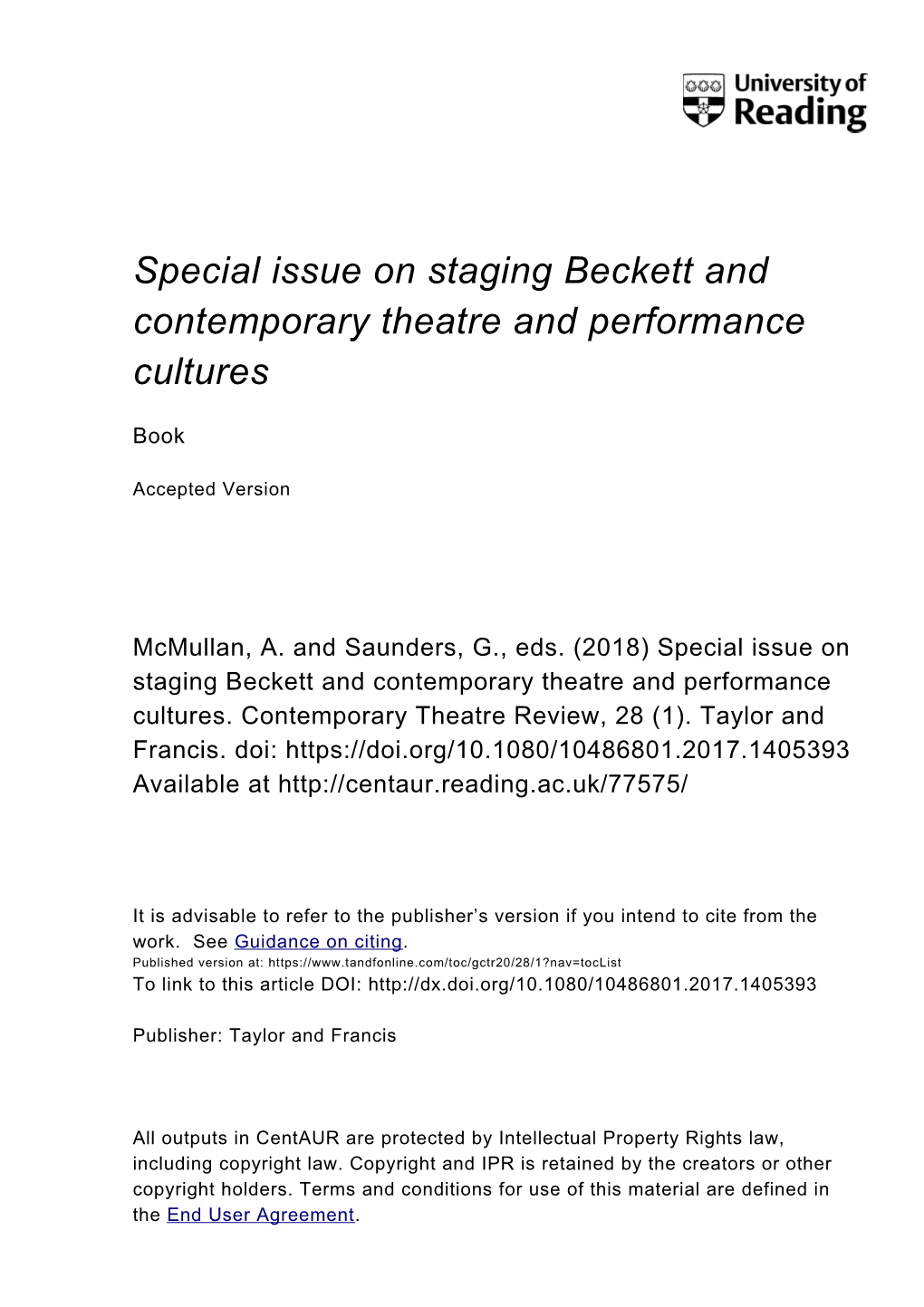 Special Issue on Staging Beckett and Contemporary Theatre and Performance Cultures