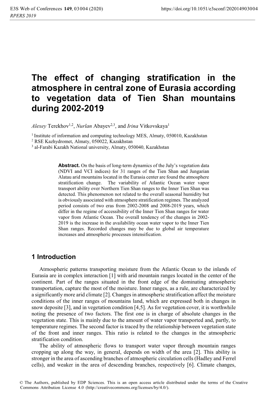 The Effect of Changing Stratification in the Atmosphere in Central Zone of Eurasia According to Vegetation Data of Tien Shan Mountains During 2002-2019