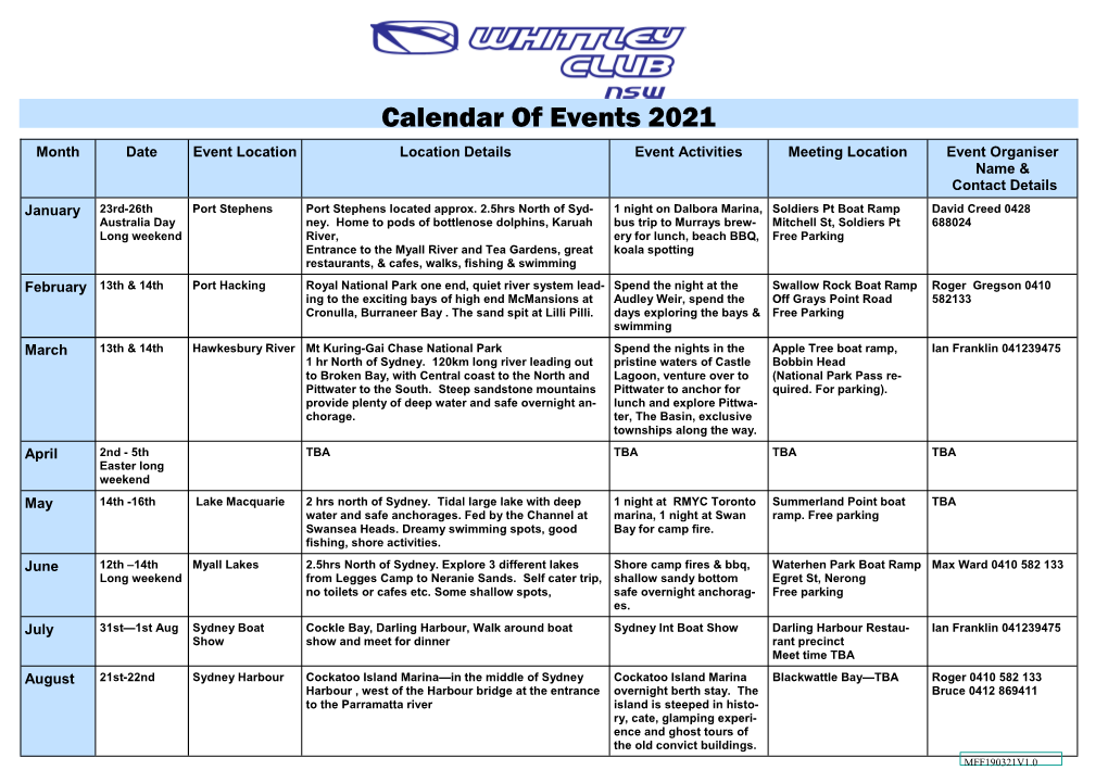 Calendar of Events 2021