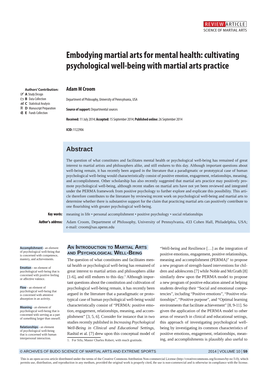 Embodying Martial Arts for Mental Health: Cultivating Psychological Well-Being with Martial Arts Practice